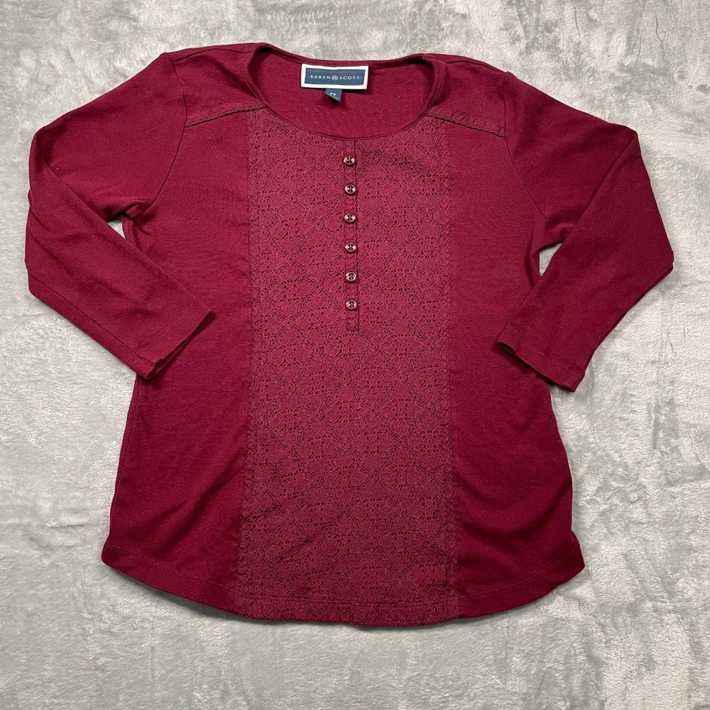 Karen Scott Womens Burgundy Lace Henley Long Sleeve Top Shirt Petite PS